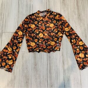 Floral Bell Sleeve Top - Black and Orange